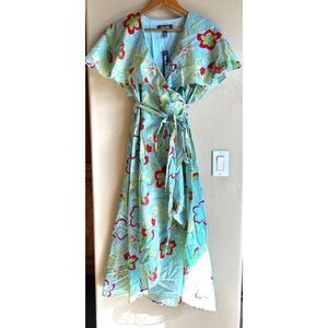 NEW! ModCloth Lift Your Wings Wrap Dress Sea Blue Floral Size L 100% Cotton NWT